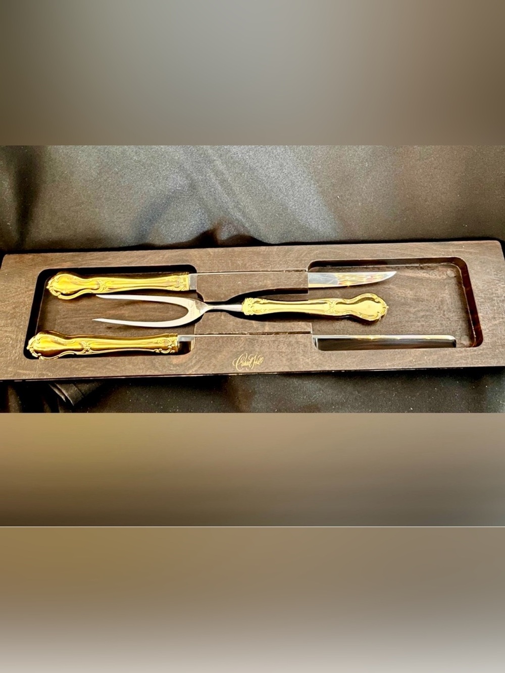 VTG Carvel Hall Gold Carving Set 3pc Mid Century Modern MCM Knife Fork Host Retr